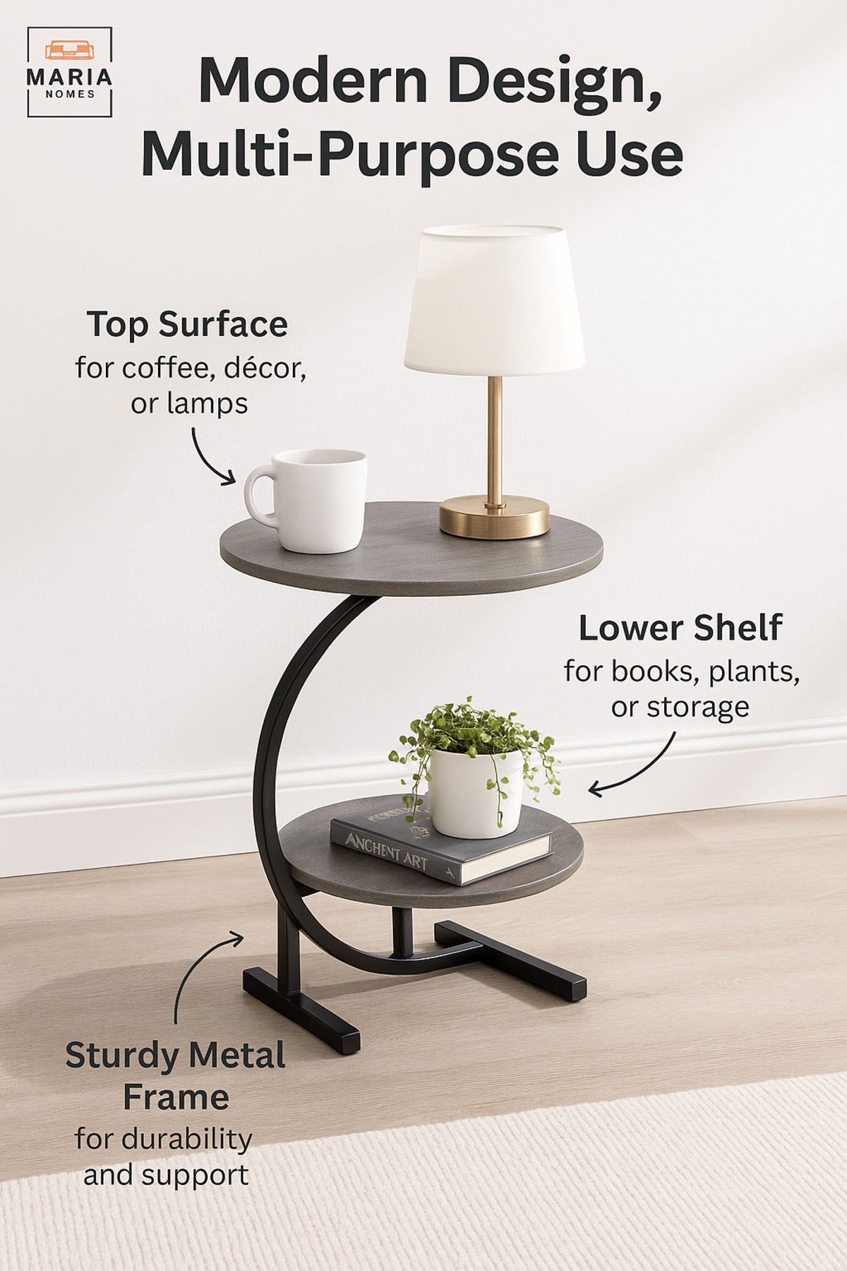 Modern Gray Round Side Table with Metal Frame Ð Two-Tier Accent Table (40_60 cm)