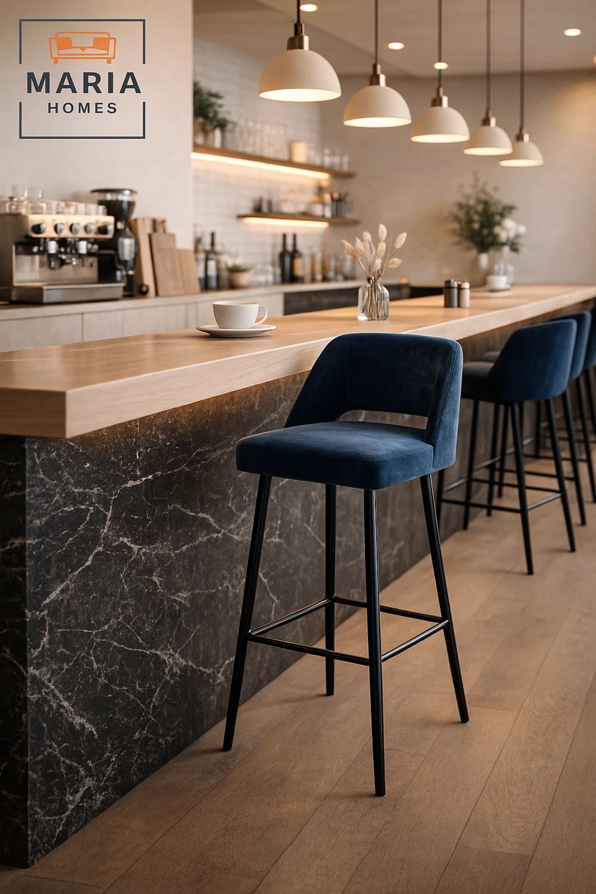 Modern Upholstered Bar Chair Blue High Stool with Metal Legs