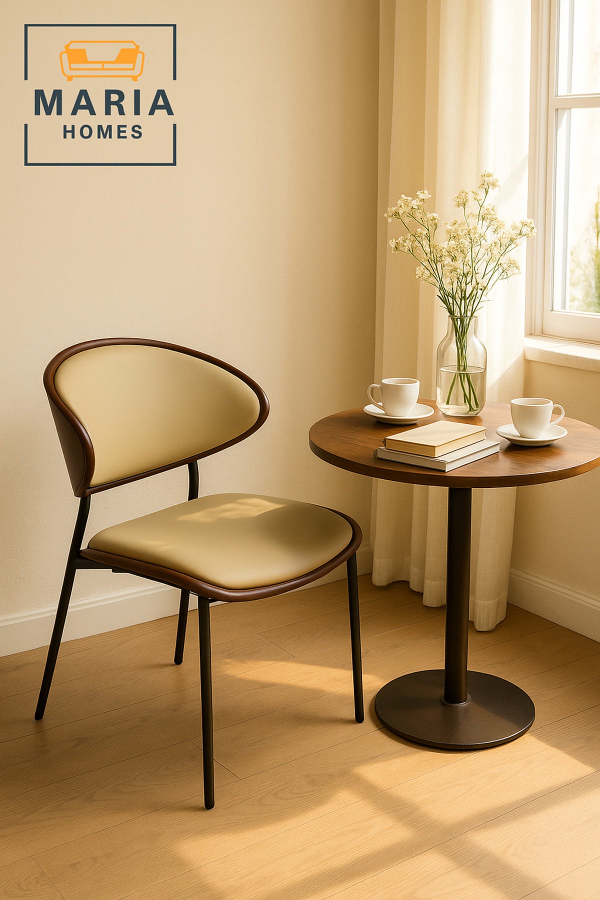 Modern Beige Dining Chair Ð Upholstered Seat with Wood Accent & Black Metal Legs