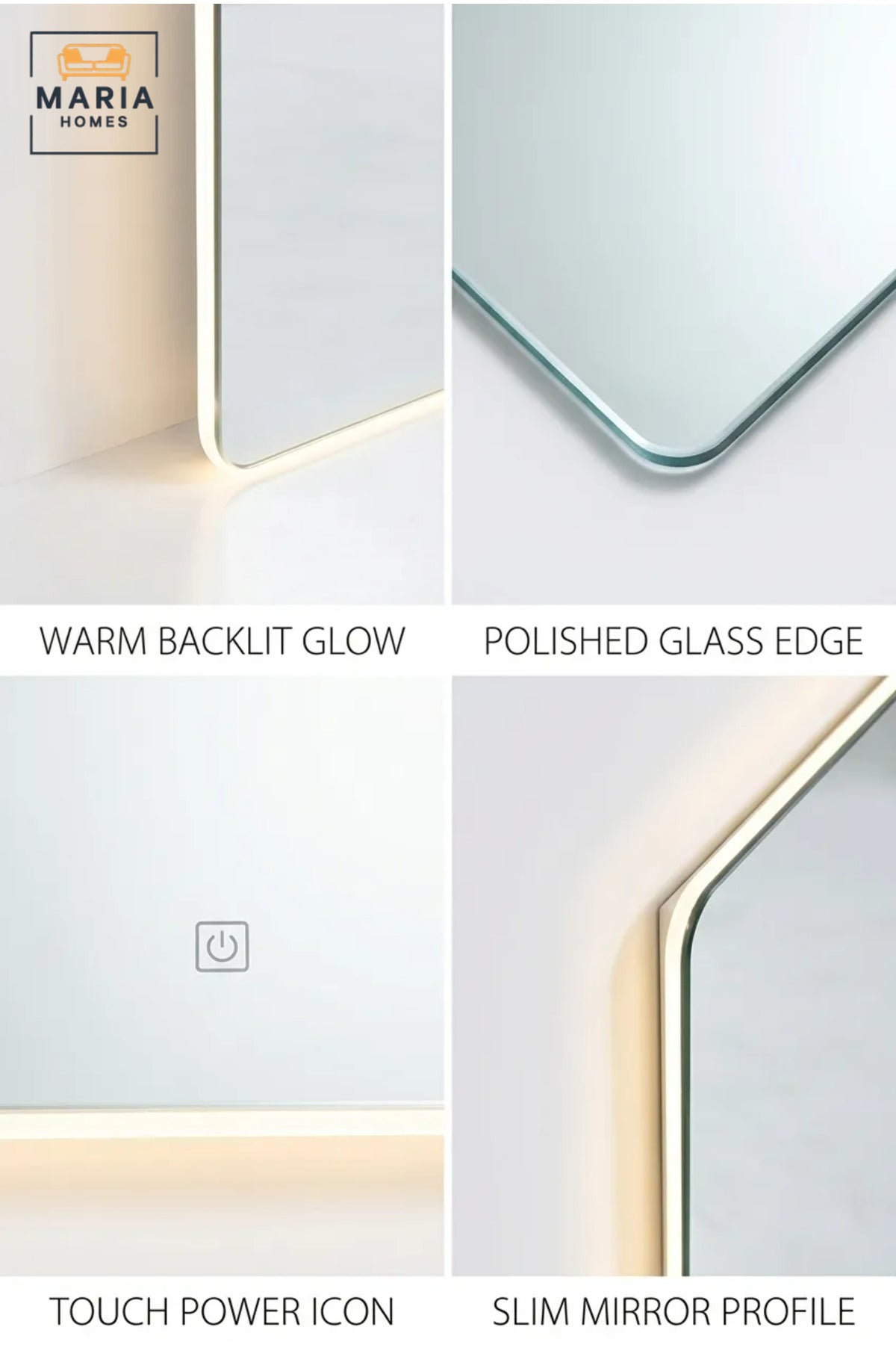 Modern Rectangular LED Wall Mirror with Touch Sensor, Backlit Frameless Vanity Mirror for Bathroom, Bedroom, Dressing Room and Hotel