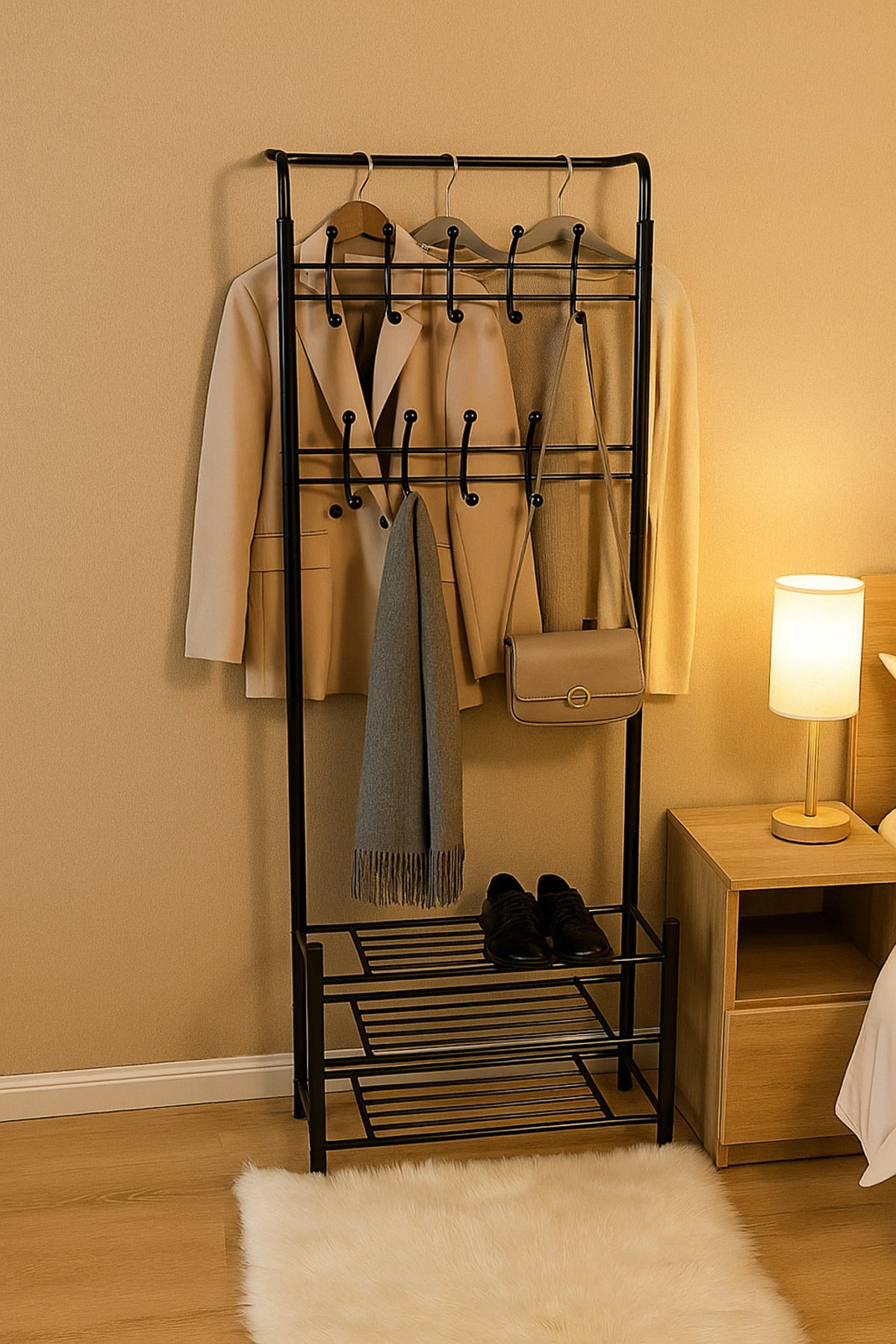 Metal Coat Rack with Hooks and Shoe Storage Ð Black 64_28_190 cm