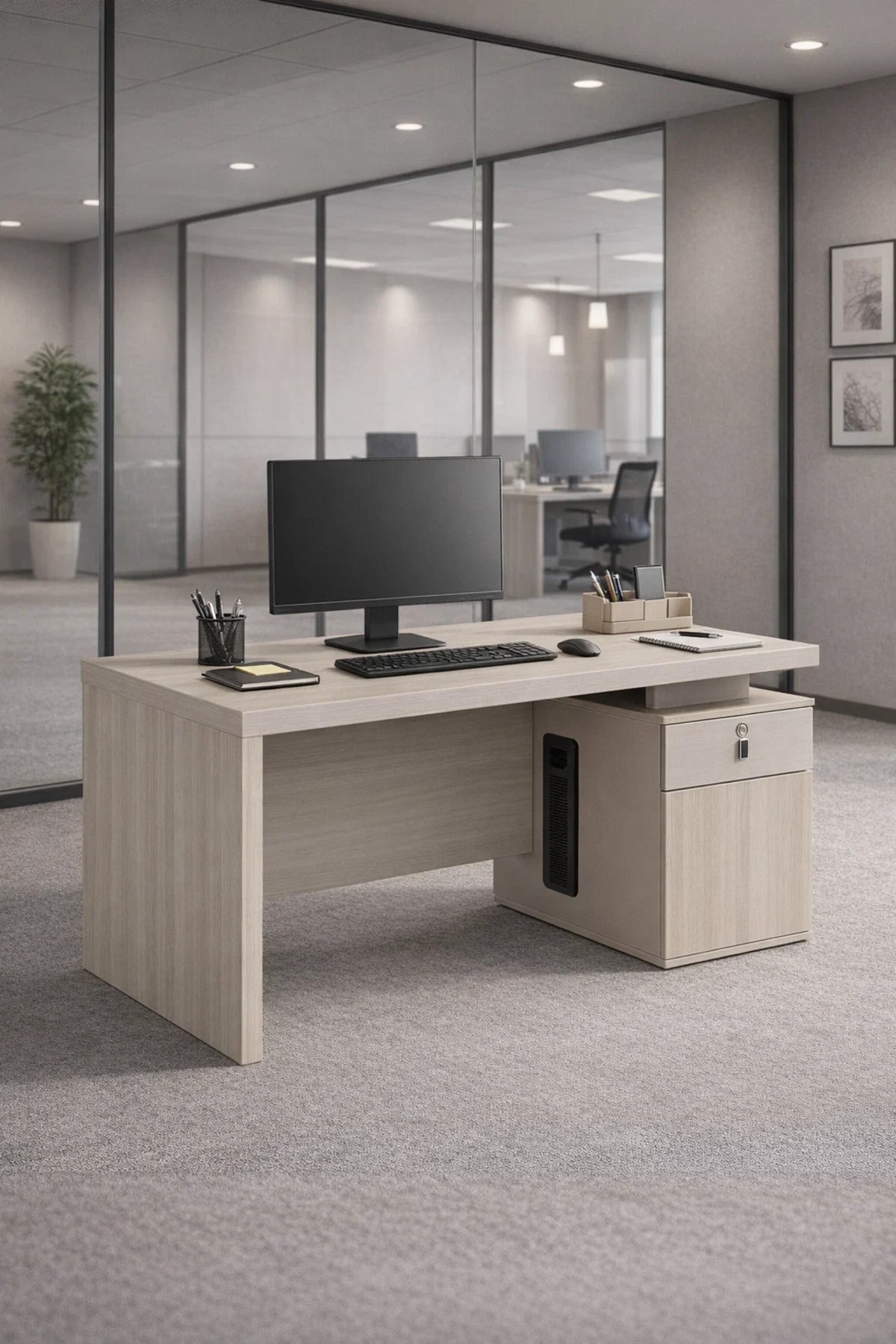 Modern Beige Office Desk 140cm with Side Cabinet and Lockable Drawer for Professional Workspace