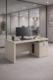 Modern Beige Office Desk 140cm with Side Cabinet and Lockable Drawer for Professional Workspace