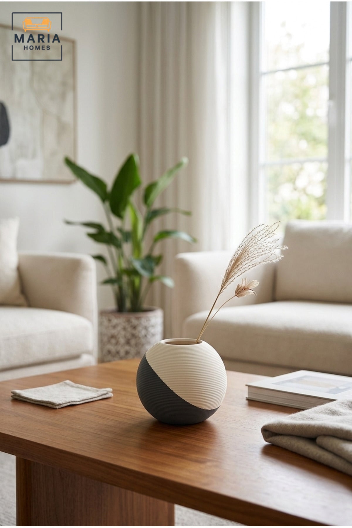 Modern Decorative Flower Vase with Two-Tone Abstract Design, Round Shape and Ribbed Texture for Living Room, Bedroom, Office, Shelf and Console Décor