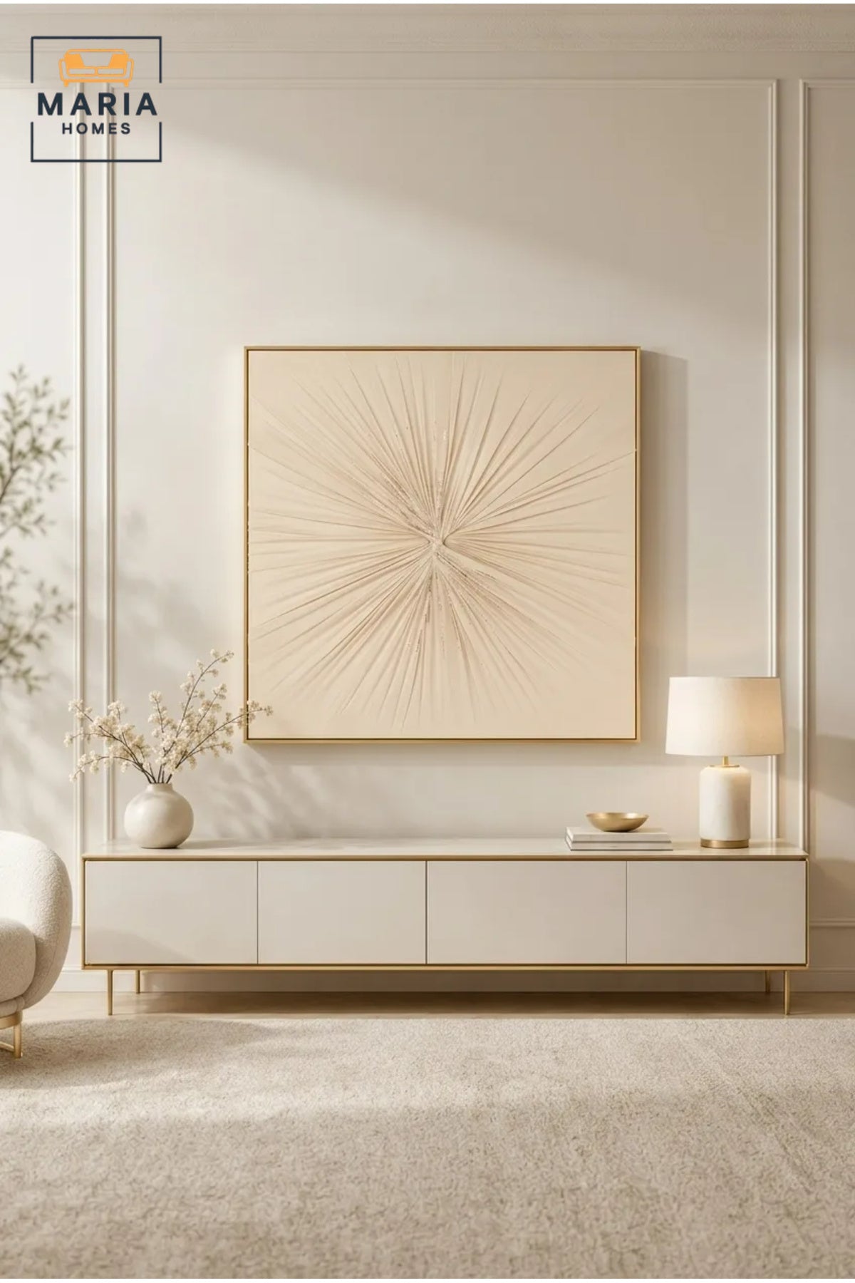 Beige Sunburst Abstract Wall Art with Gold Frame Ð Modern Textured Decorative Artwork