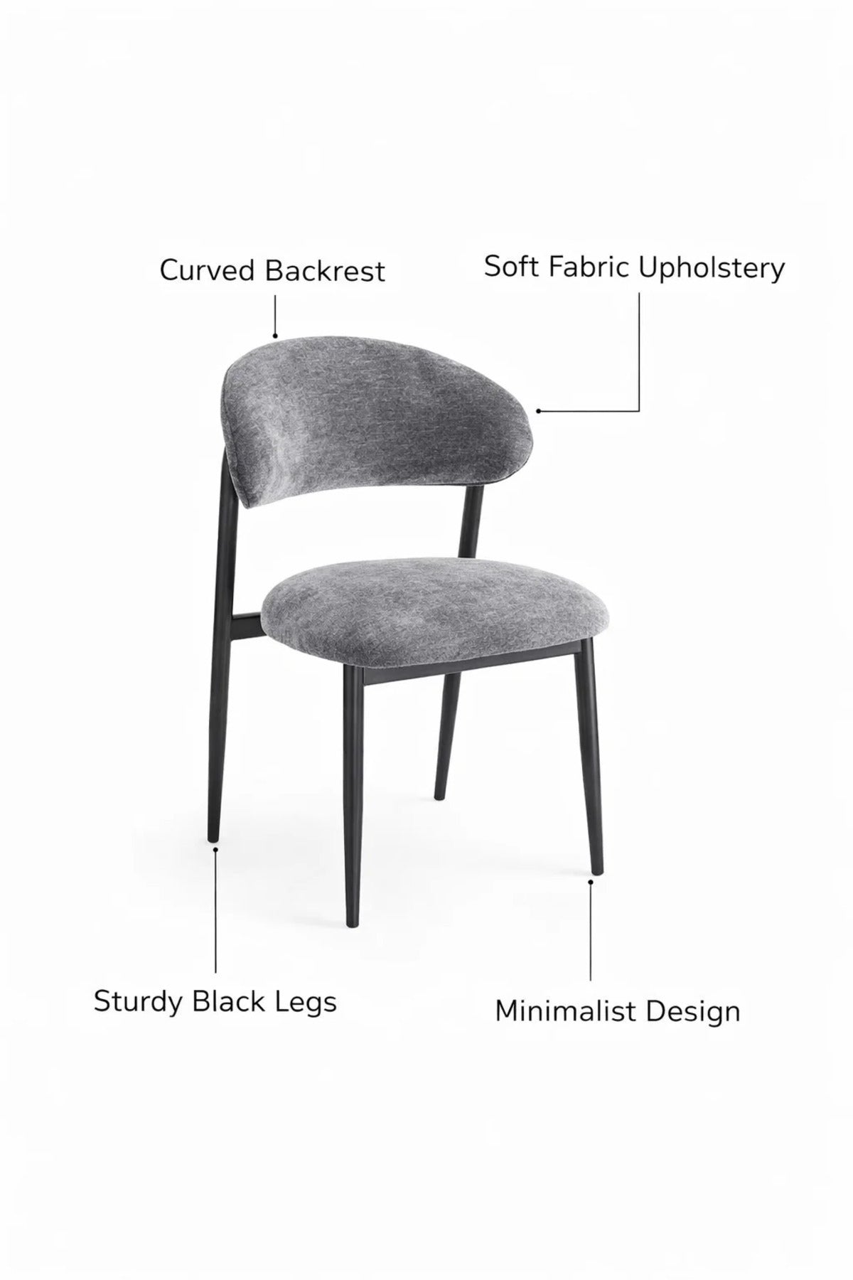 Dark Grey Upholstered Chair with Black Metal Legs, 84x49x48 CM dark grey upholstered
