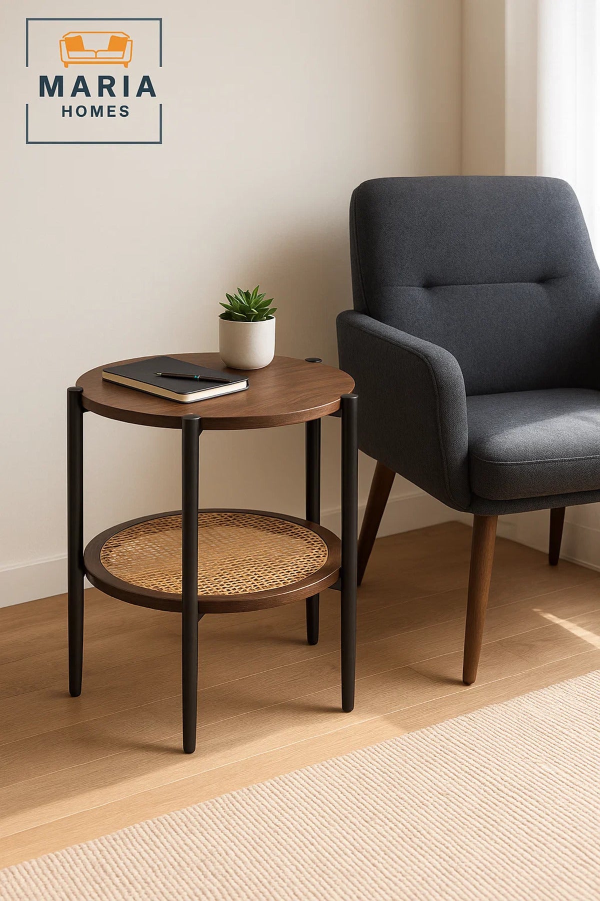 Modern Coffee Brown Side Table √ê Round Coffee Table with Rattan Storage Shelf 45_45_55 cm