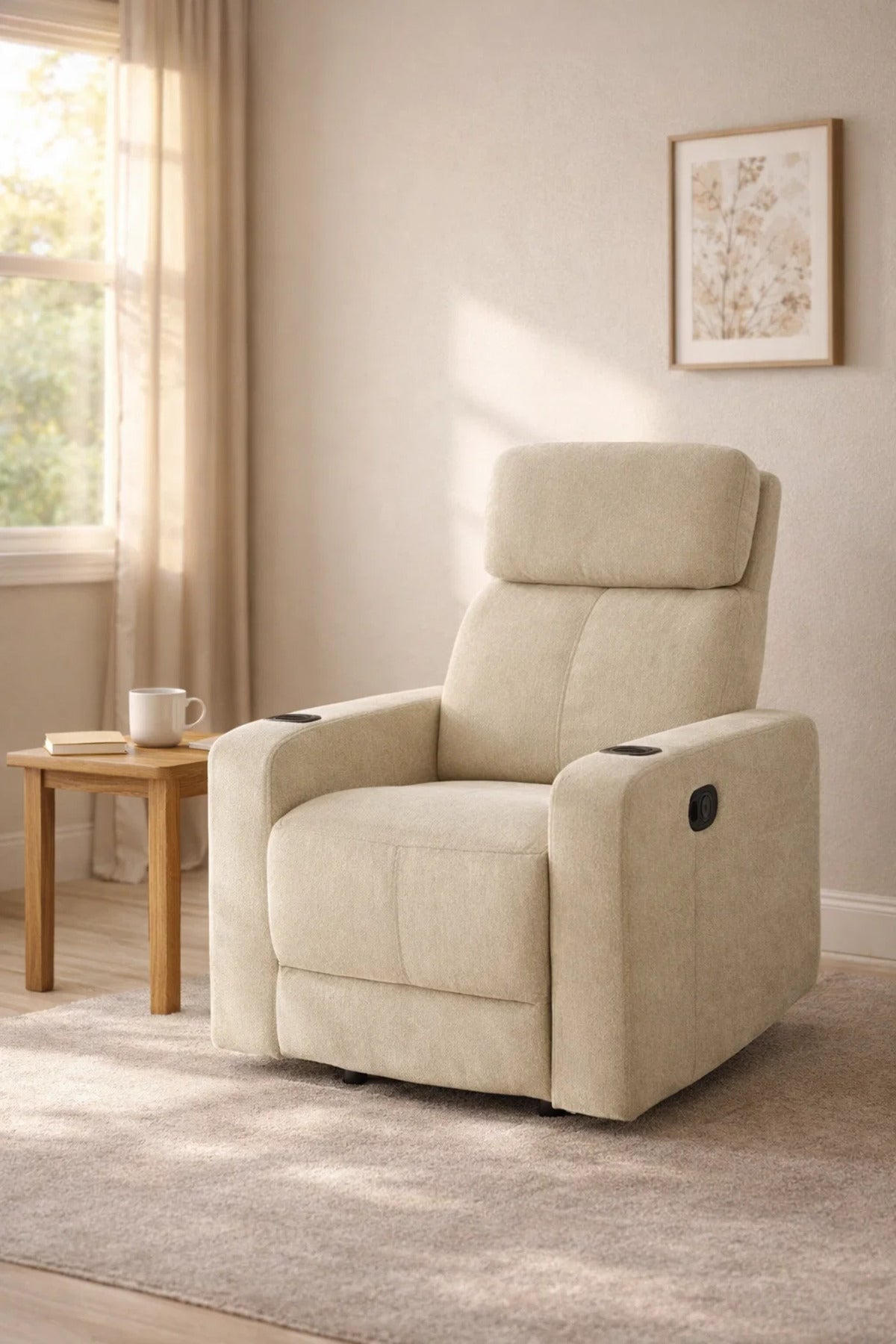 Modern Beige Recliner Armchair with Dual Cup Holders for Ultimate Relaxation in Living Rooms