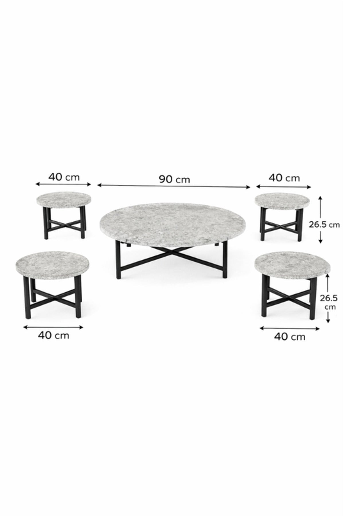 Modern Round Grey Coffee Table Set 1+4 √ê Marble Look Top with Black Frame