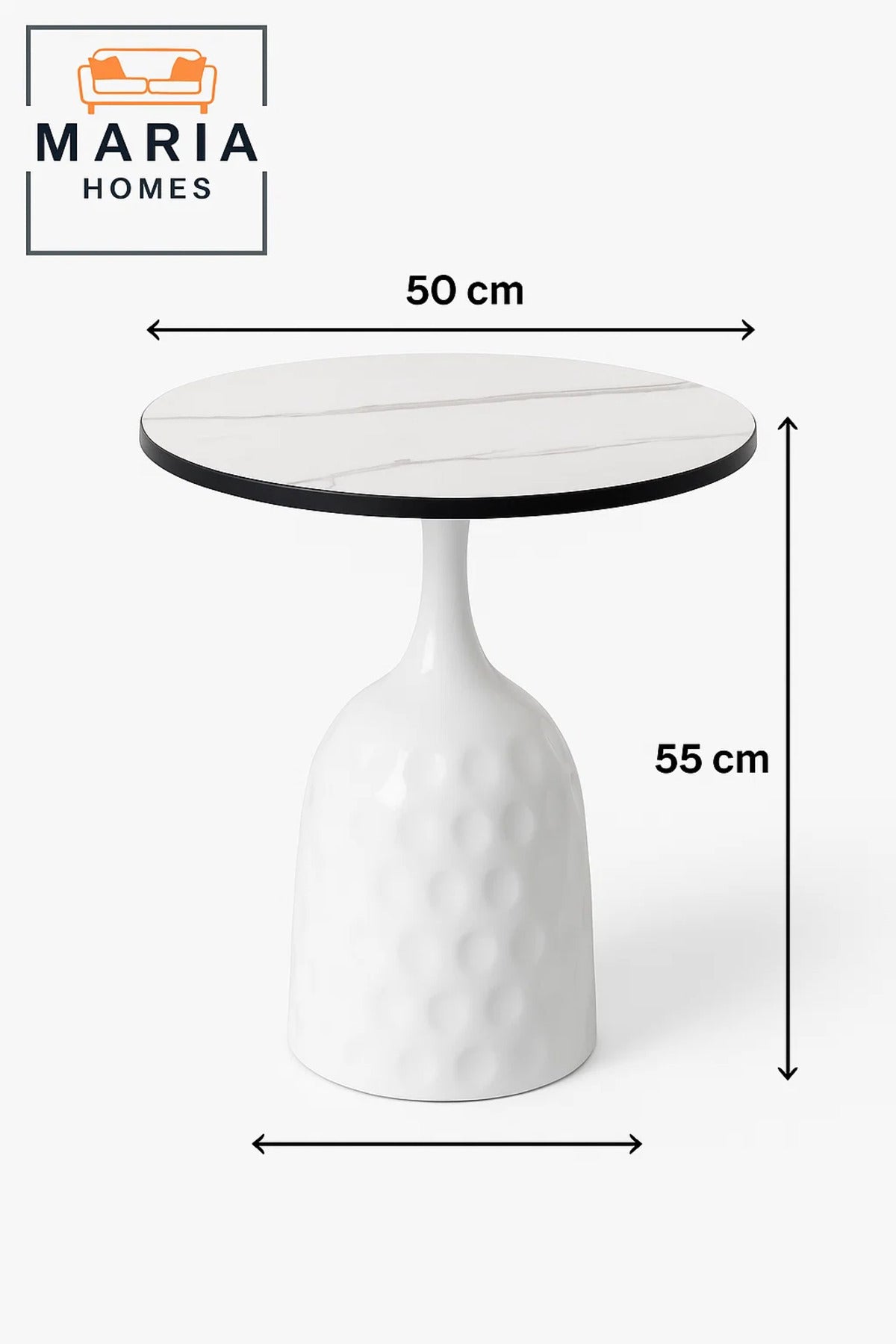 Round White Marble-Look Table with Glossy Textured Base
