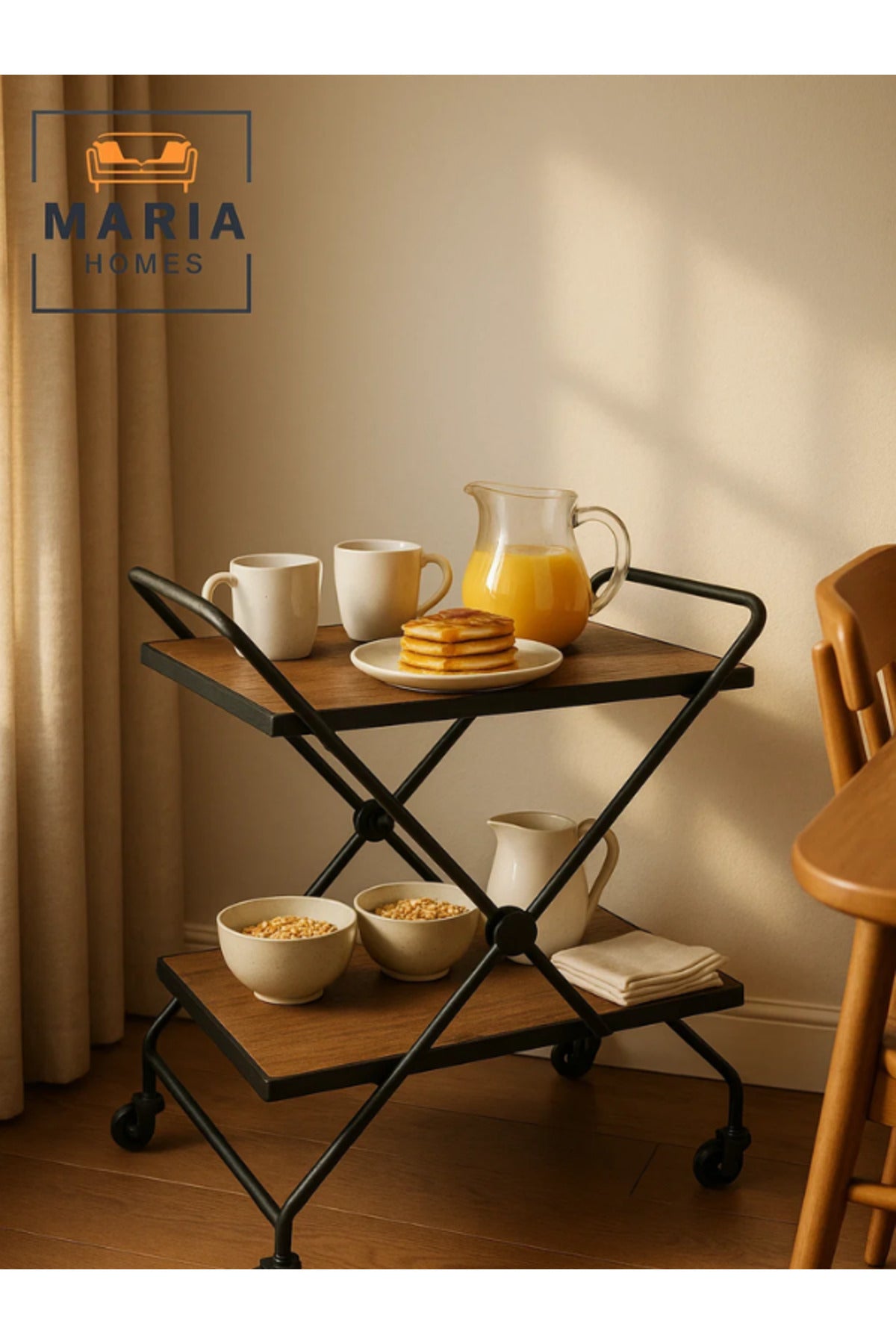 Modern Brown 2-Tier Serving Trolley with Wooden Shelves & Black Metal Frame Ð 70_40_84 cm