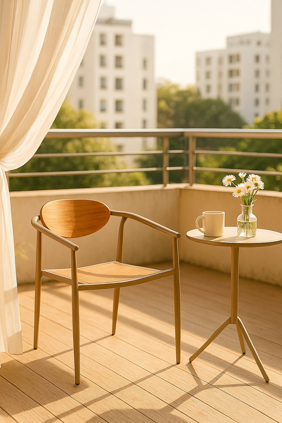 Champagne Metal and Wood Chair Modern Dining Armchair with Wooden Seat and Backrest for Home & CafŽ
