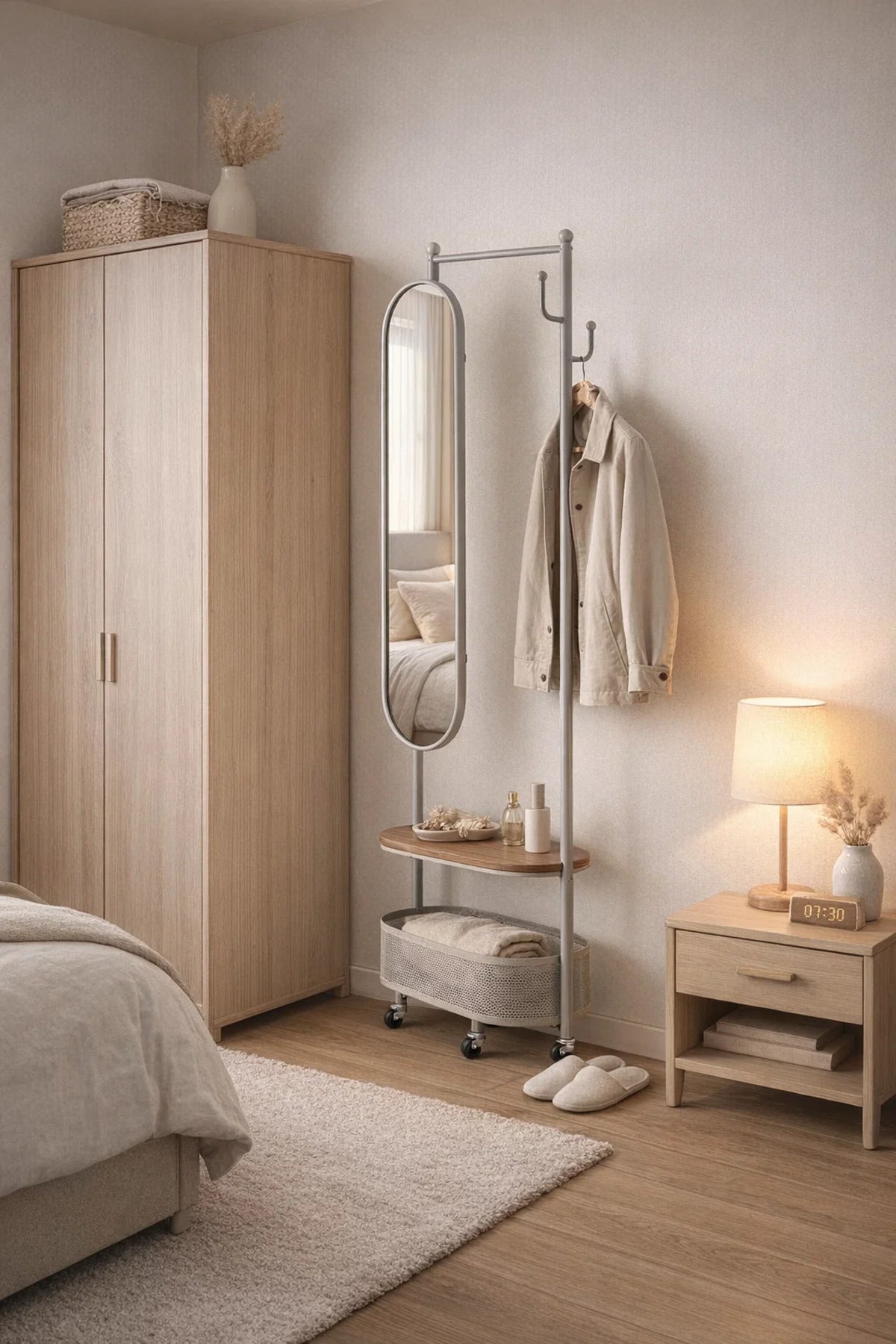 Modern Mobile Coat Rack Stand with Oval Mirror Shelf and Basket Storage for Hallway Organization