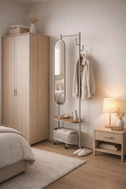 Modern Mobile Coat Rack Stand with Oval Mirror Shelf and Basket Storage for Hallway Organization
