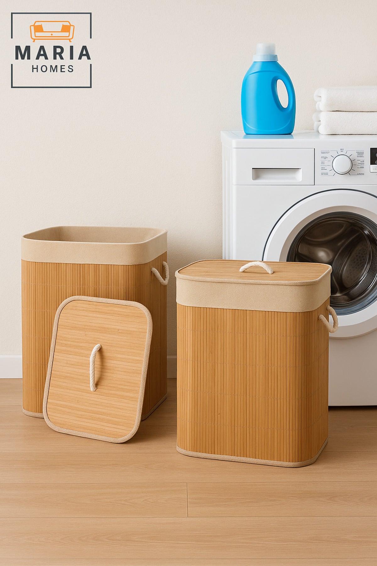 Natural Bamboo Laundry Basket with Lid & Rope Handles Ð 40_30_57 cm