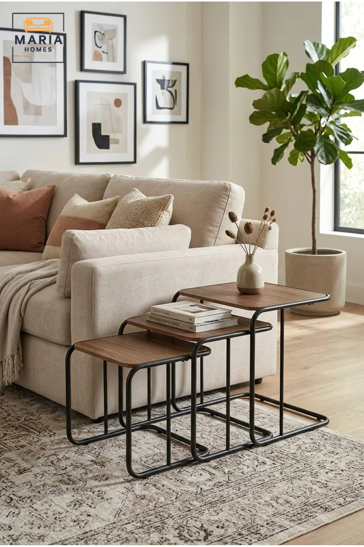 Set of 3 Nesting Side Tables with Wooden Tops and Metal Frames, Space-Saving End Tables for Living Room, Bedroom, Lounge and Office