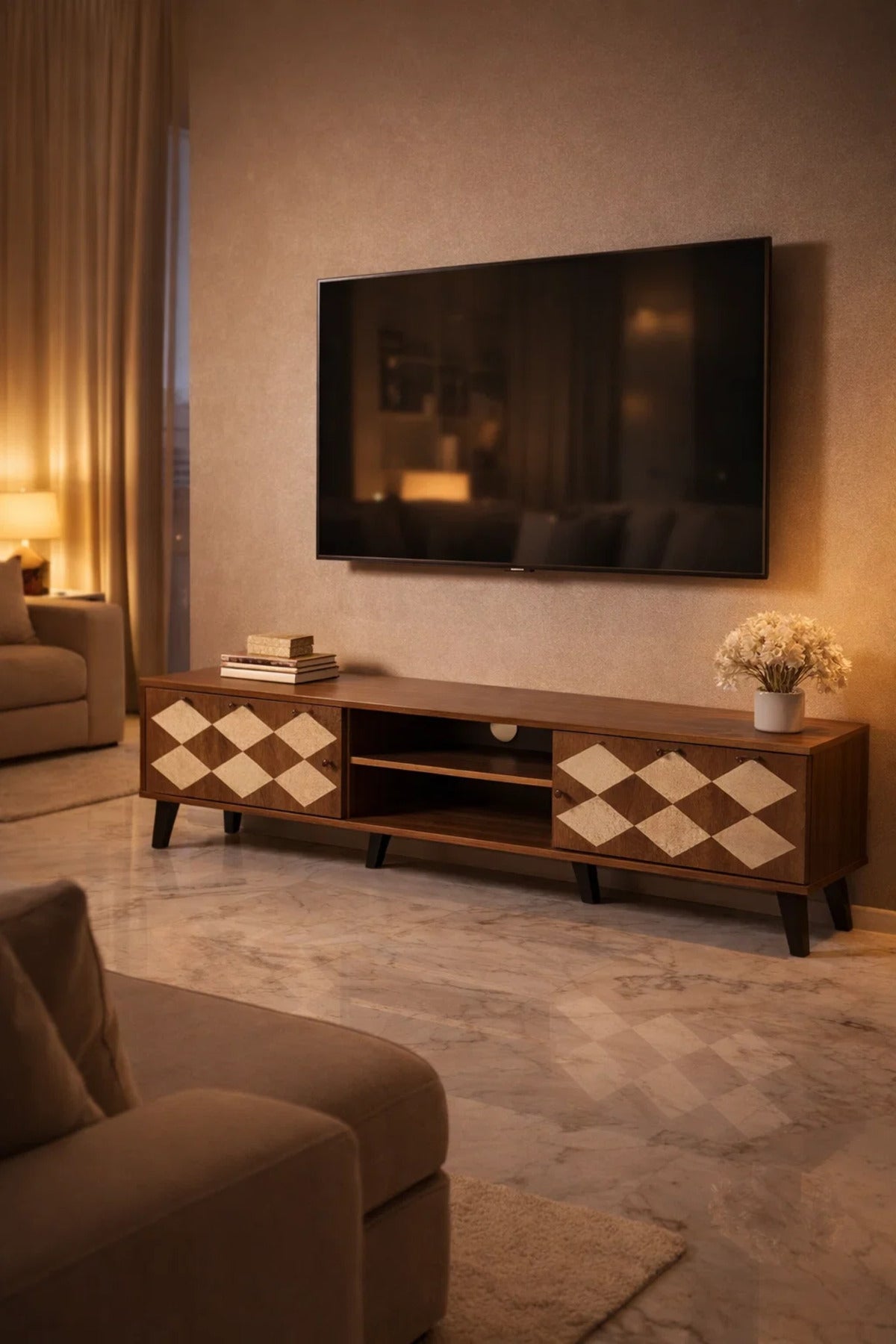 حامل تلفزيون خشبي حديث بني داكن بنمط حجر بيج 160 × 40 × 43 سم