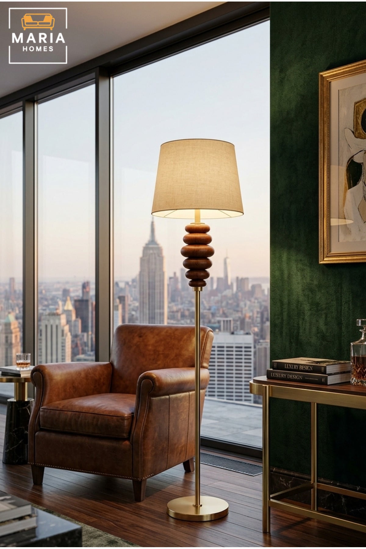 Modern Gold Floor Lamp with Sculptural Stacked Wooden Detail, Fabric Shade and Round Base Decorative Standing Light for Living Room Bedroom and Office
