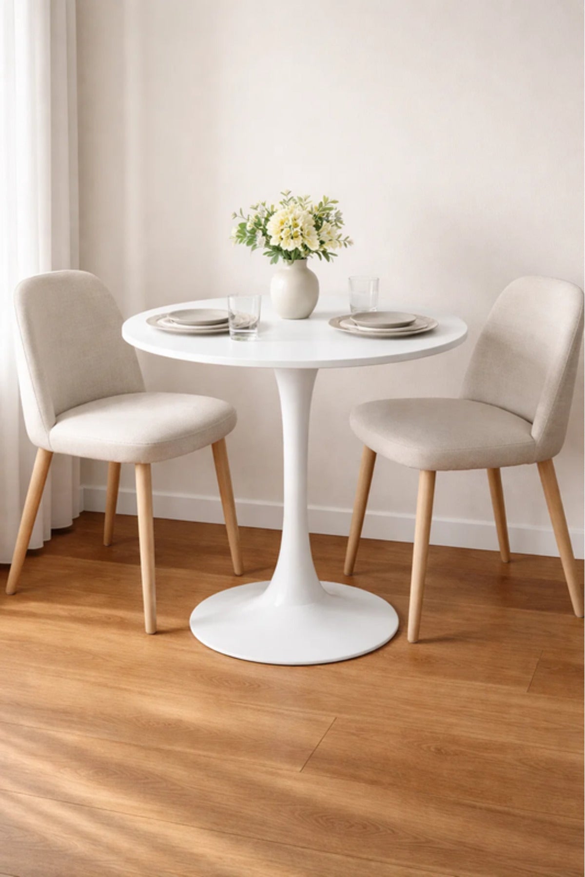 Modern Round White Café Table with Tulip Pedestal Base