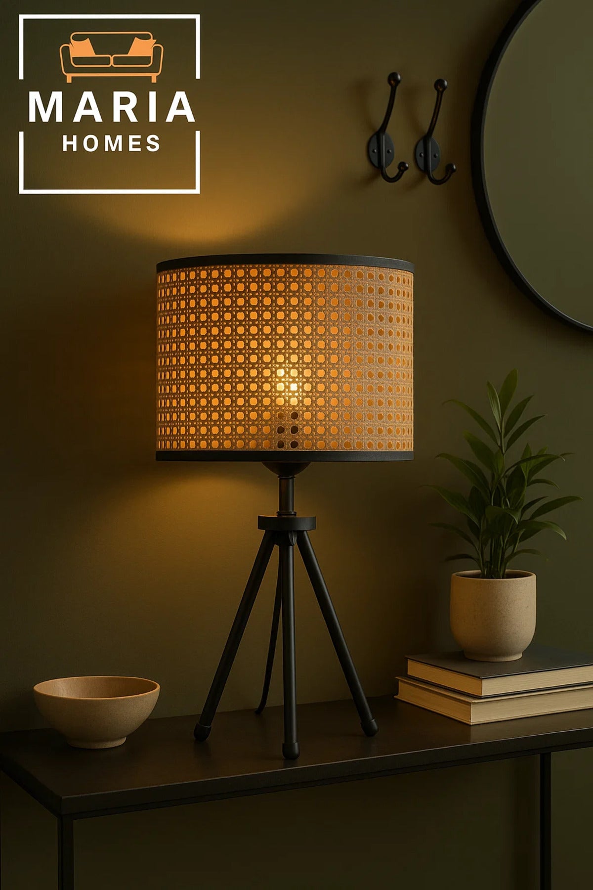 Tripod Table Lamp With Rattan-style Shade