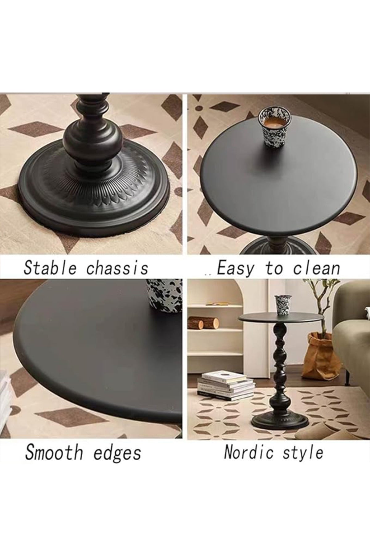 Metal Coffee & Bedside Table, Round Top, Waterproof, Rust-Resistant, Black, 52H x 40W x 28D cm