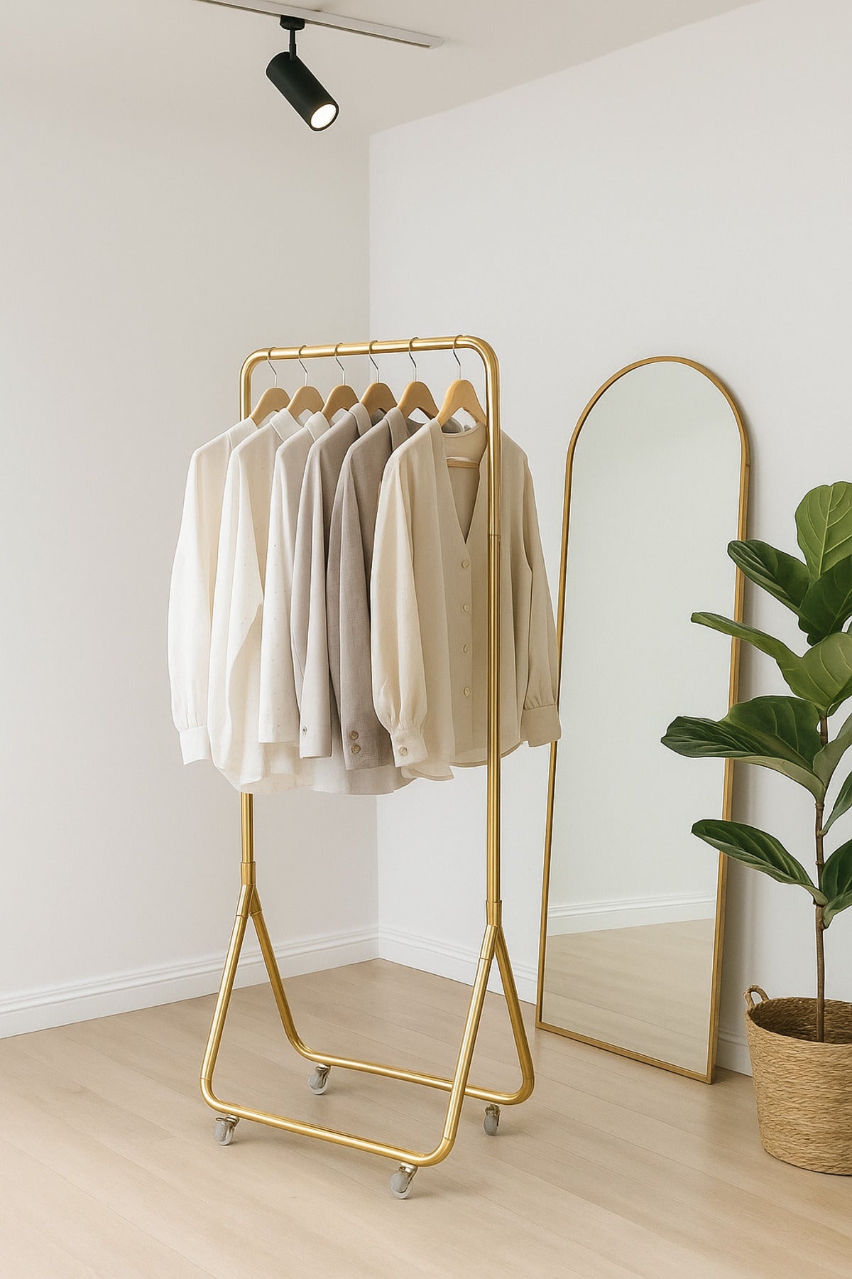 Luxury Golden Metal Clothes Rack with Wheels 172_61 cm Ð Modern Garment Stand for Home or Boutique