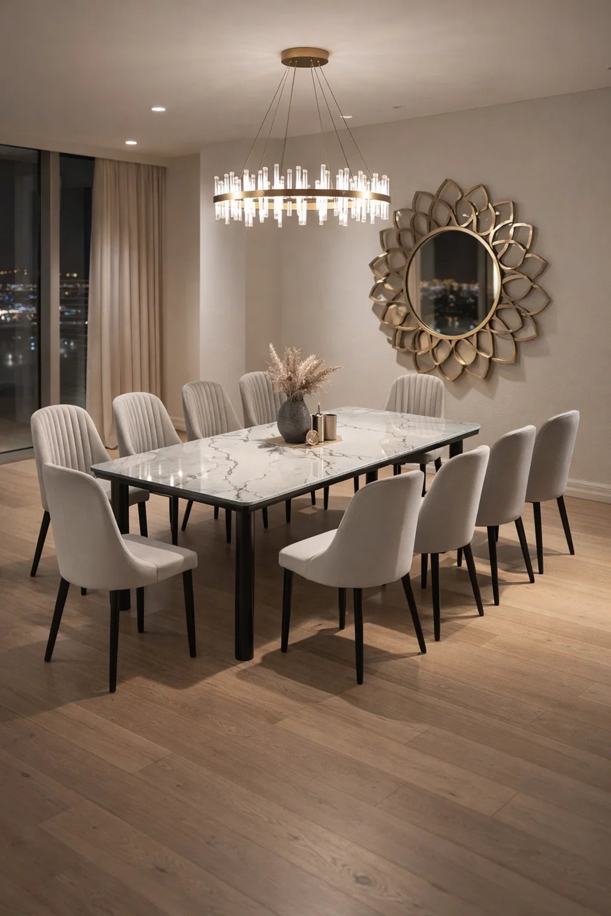 Luxury 11-Piece Dining Set featuring Marble Finish Table and Ten Grey Velvet Upholstered Chairs