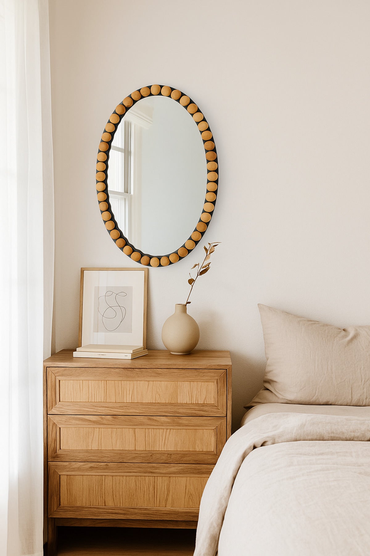 Oval Decorative Wall Mirror with Wooden Bead Frame Natural & Black 60_90 cm