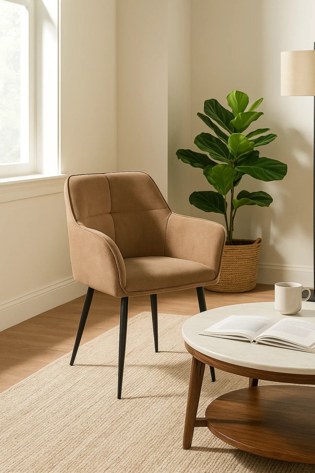 Light Coffee Fabric Armchair, Chair for Living Room, Bedroom, Office Cabin & Reception Area
