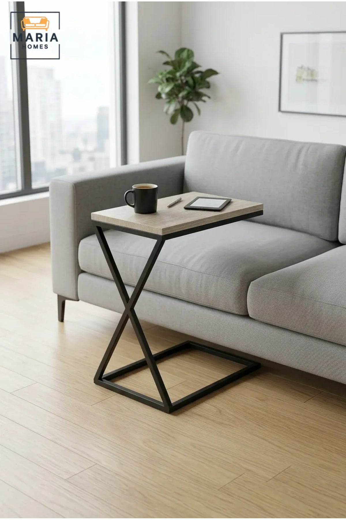Modern C-Shaped Side Table with Stone-Effect Top & Geometric Base, Contemporary Sofa End Table for Living Room, Bedroom & Lounge