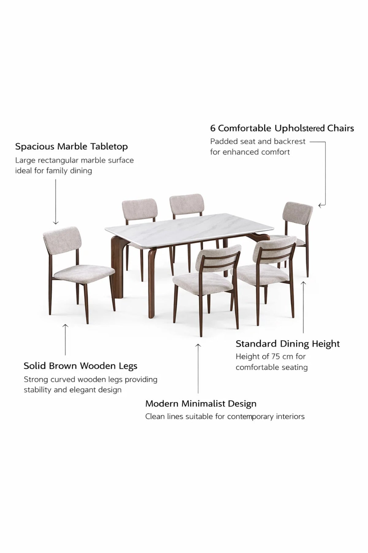 Stylish 6-Person Dining Table Set White Marble Pattern Top with Comfortable Beige Dining Chairs