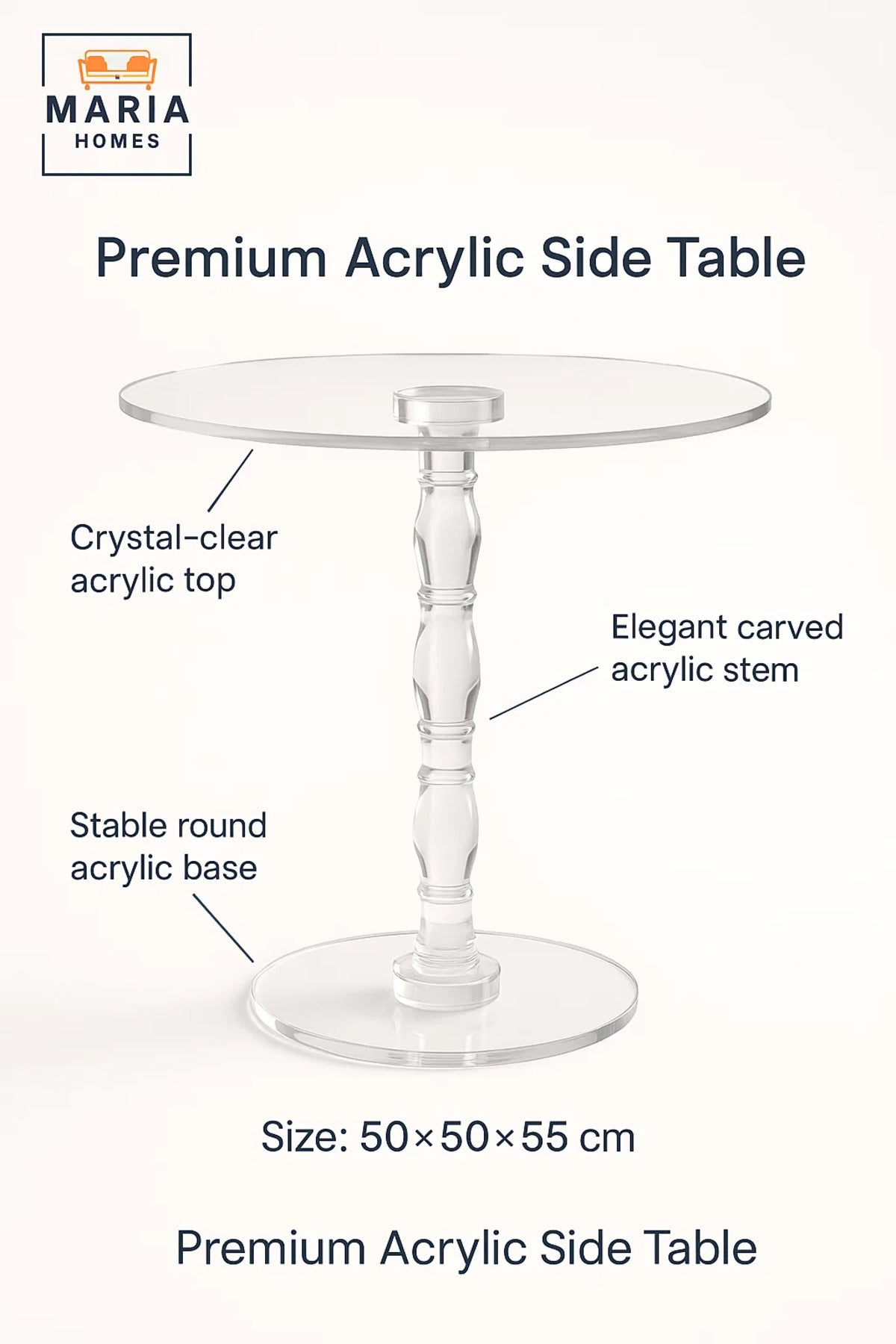 Elegant Acrylic Round Side Table 50×50×55 cm – Clear Modern Crystal Style Accent Table