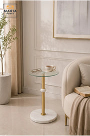 Luxury Glass Side Table with White Marble Base and Gold Metal Accent