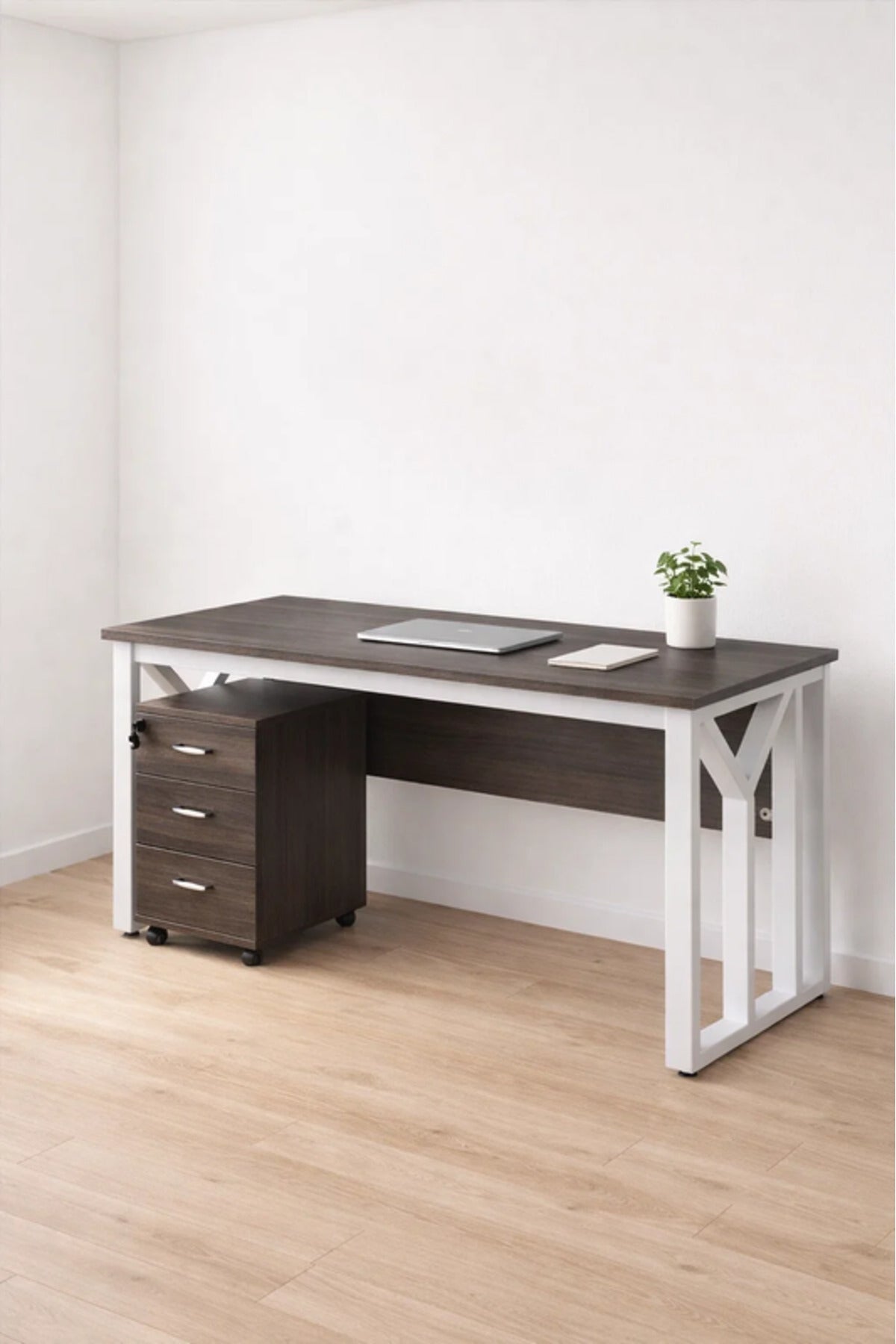 Modern Grey Desk with White Metal Frame and 3-Drawer Storage