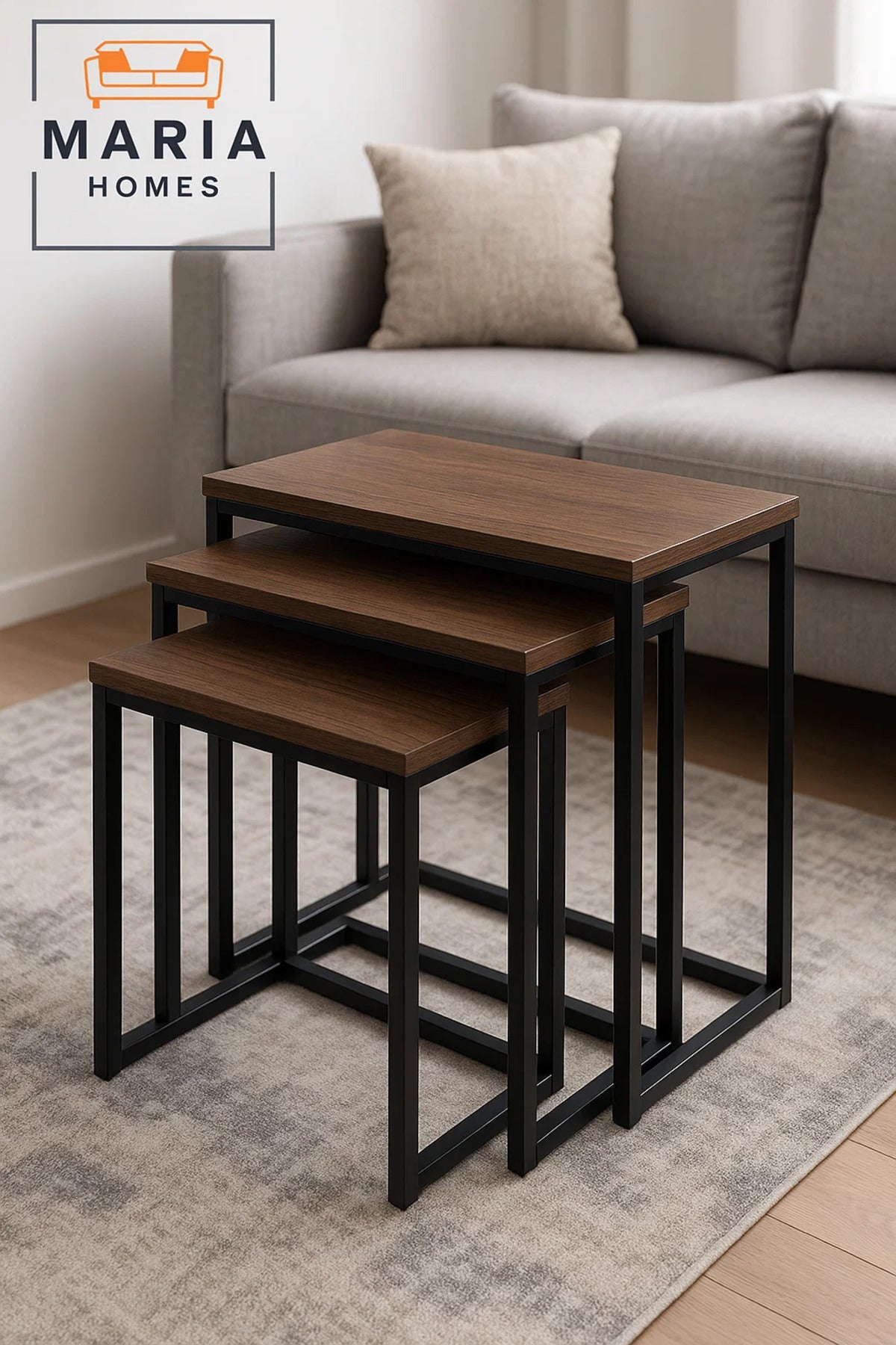 Set of 3 Rectangular Nesting Tables with Wood Tops and Black Frames