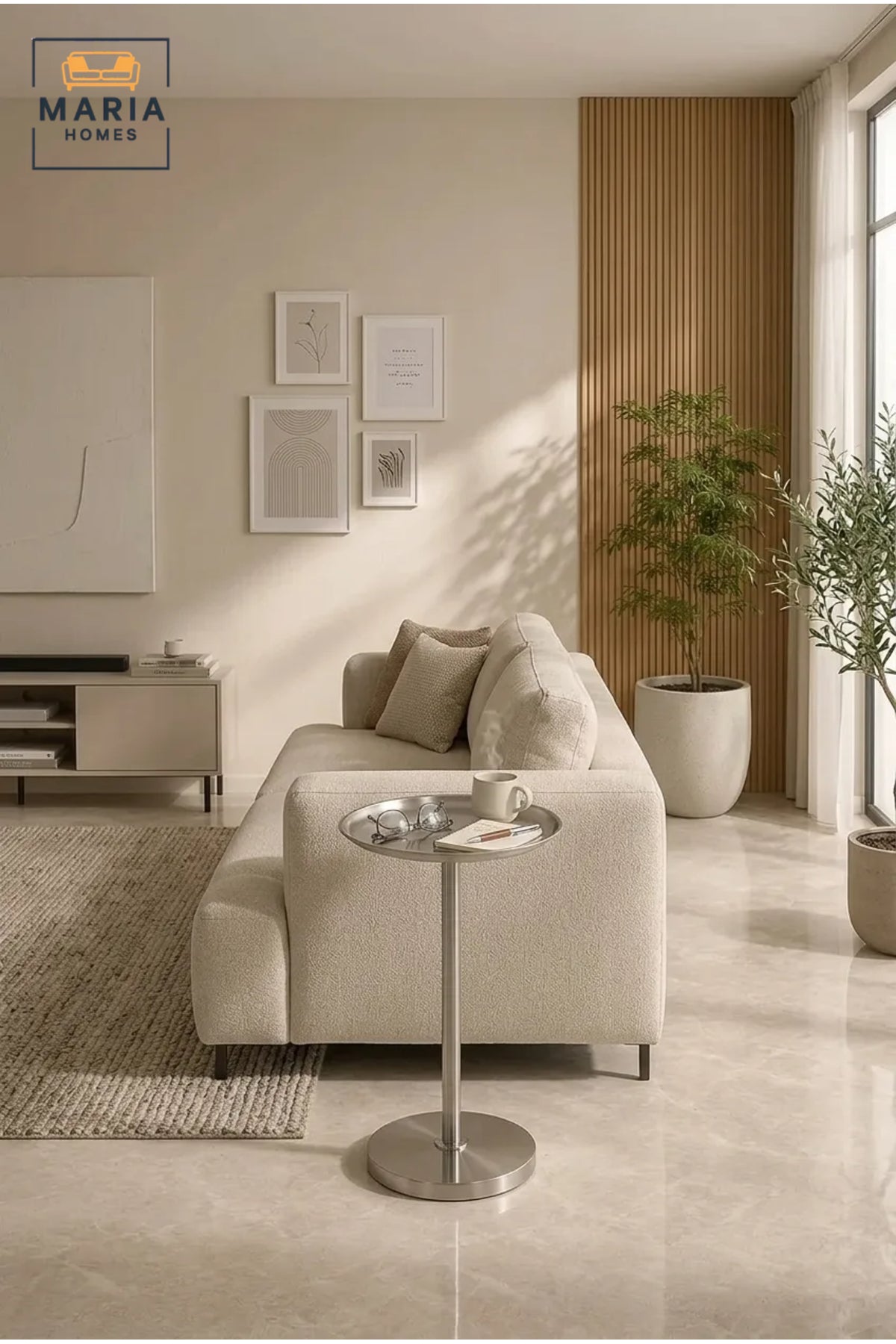 Modern Brushed Metal Side Table with Round Tray Top and Pedestal Base