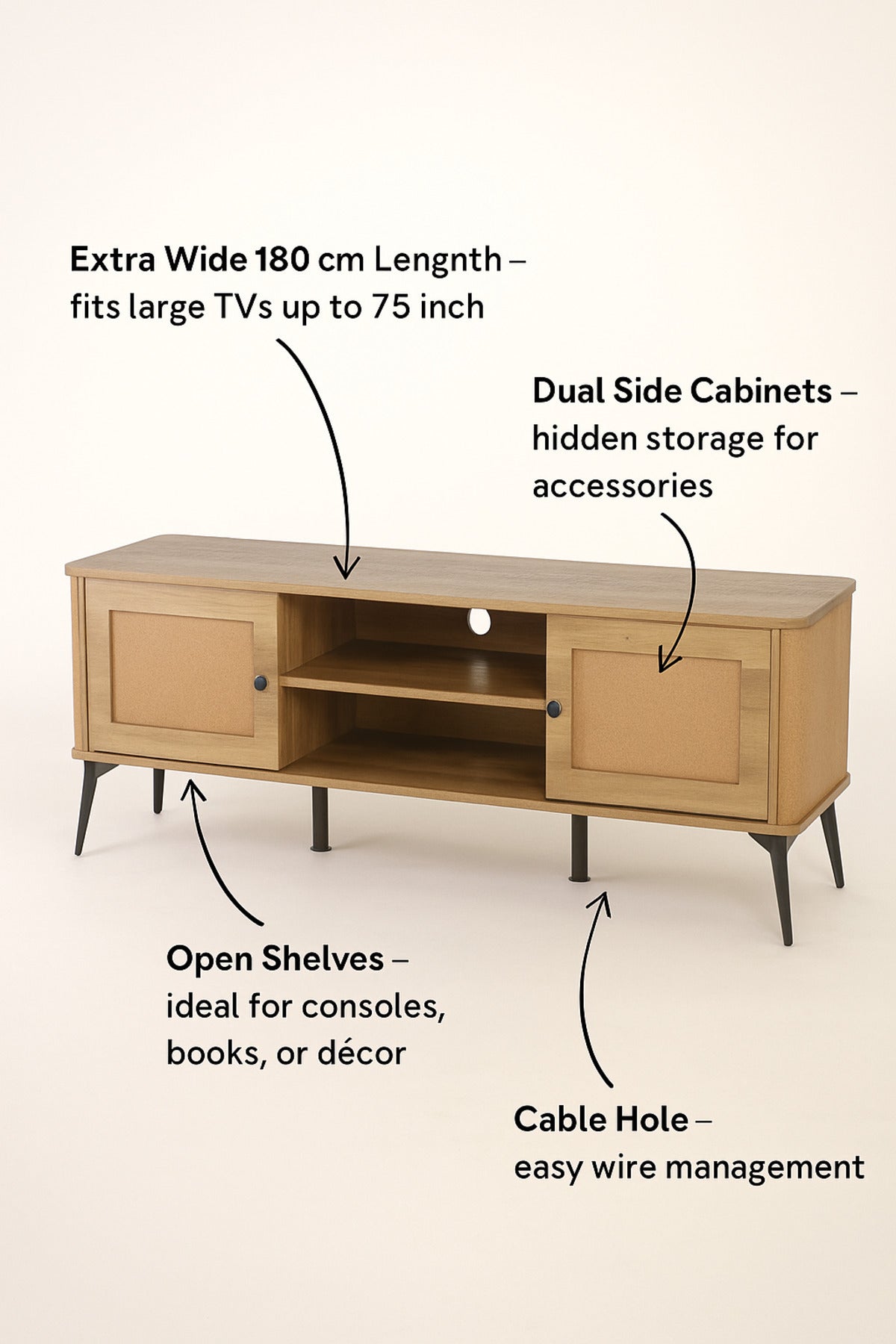 Brown Wooden TV Stand with Storage | Modern TV Cabinet with Shelves & Side Doors | 180_40_50 cm