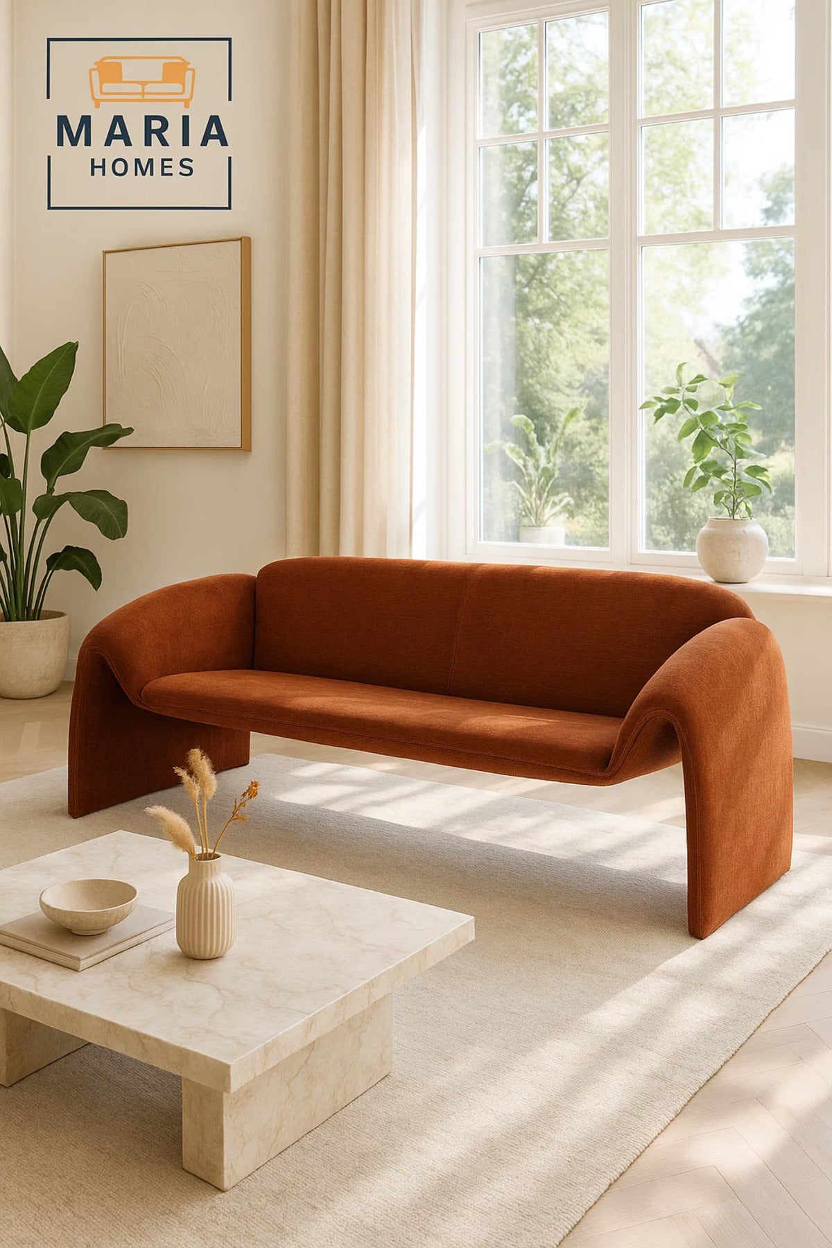 Modern Orange Sofa √ê Curved Fabric 3-Seater for Living Room & Lounge Spaces