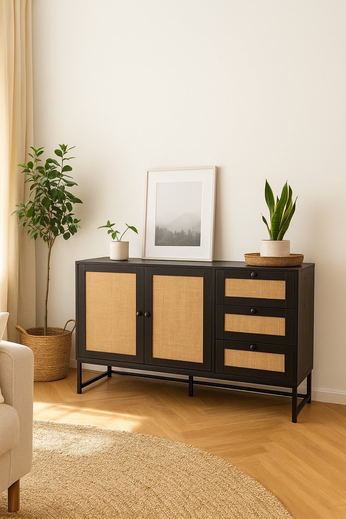 Black Rattan Console Table 120_40_85 cm Ð Modern Wooden Storage Cabinet with 2 Doors, 3 Drawers