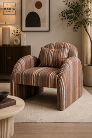 Modern Striped Upholstered Accent Chair with Curved Backrest, Rounded Arms & Cushion | Contemporary Lounge Chair for Living Room, Bedroom & Hotel