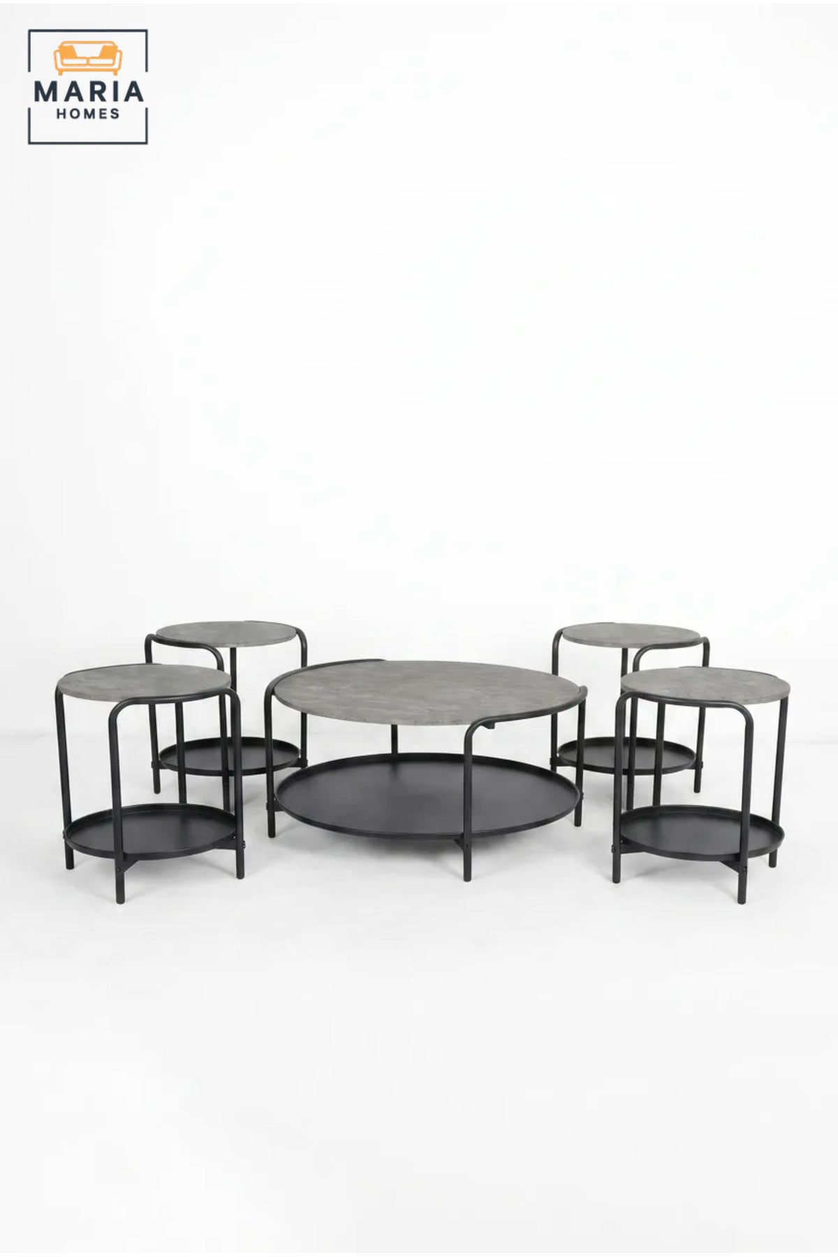 Modern Five-Piece Coffee Table Set with Round Center Table, Four Matching Side Tables and Lower Storage Shelves for Living Room, Lounge and Office