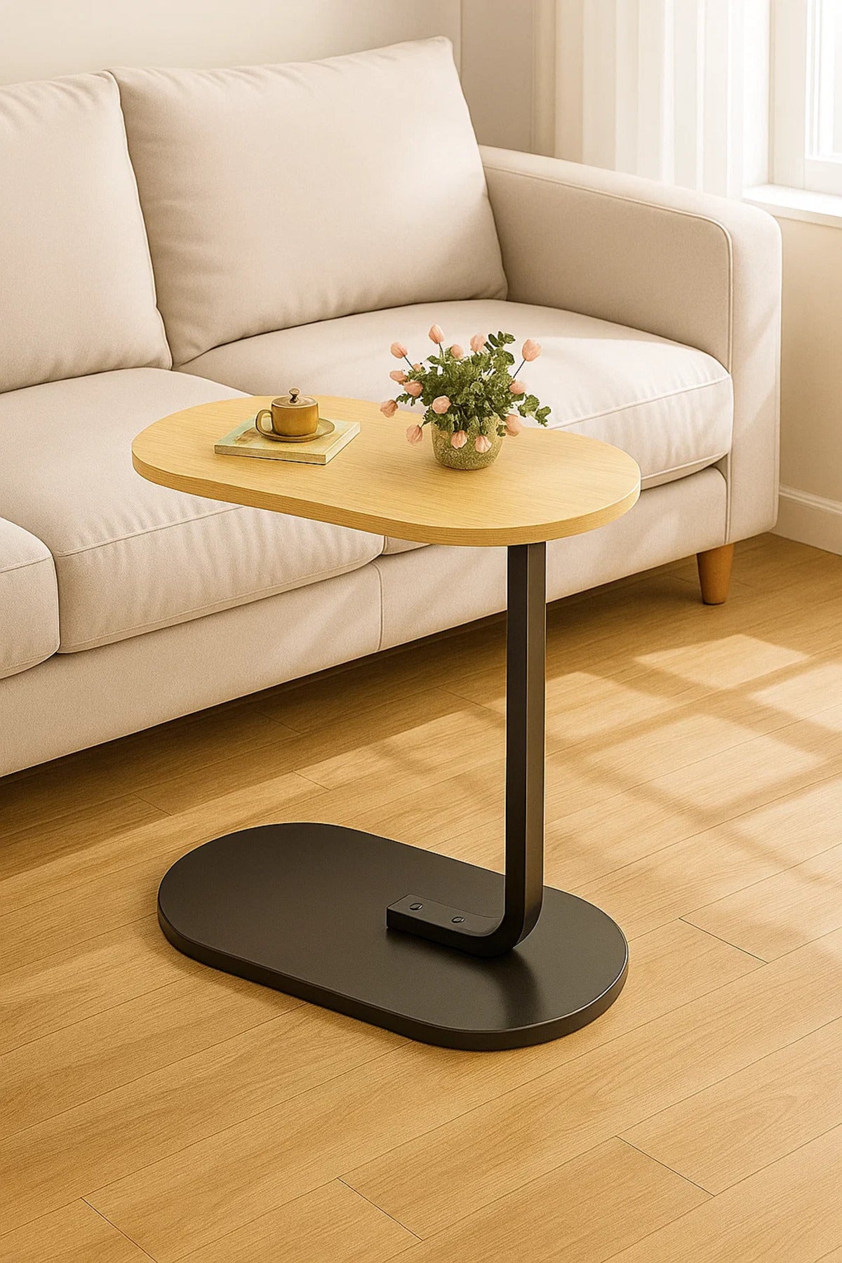 C-shaped side table set with metal frame, sofa end table, and laptop stand table: 4 tables