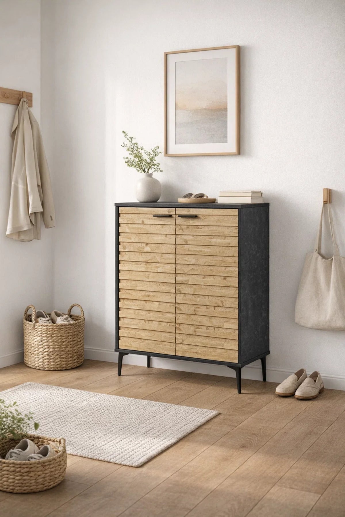 Stylish Shoe Cabinet Textured Wood Front Dark Grey Frame Entryway Storage Organizer Unit 95cm