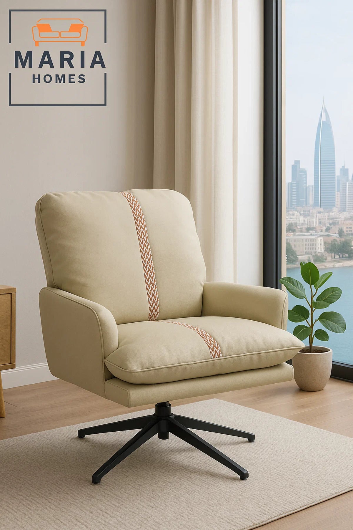 Contemporary Beige Lounge Chair with Red Pattern Stripe Ð Faux Leather Armchair for Living Spaces