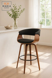 Black Swivel Bar Stool with Curved Wood Backrest, Upholstered Seat, Metal Footrest for Kitchen