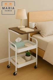 2-Tier Rolling Bedside Table with Wooden Top Ð Mobile Nightstand Cart with Storage for Bedroom Use