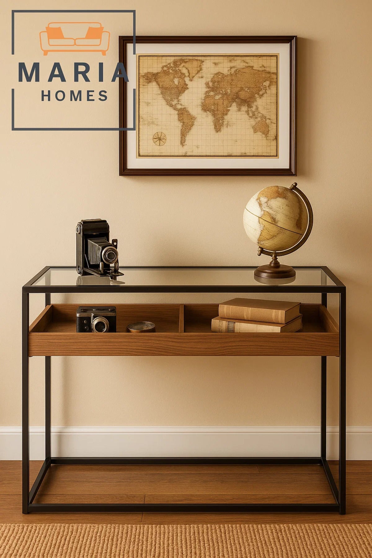 Glass Top Display Console Table with Wood Tray Ð 120x80x85cm Industrial Modern Storage Table