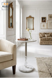 Modern Round Side Table with Marble-Effect Finish and Crystal Accent Base
