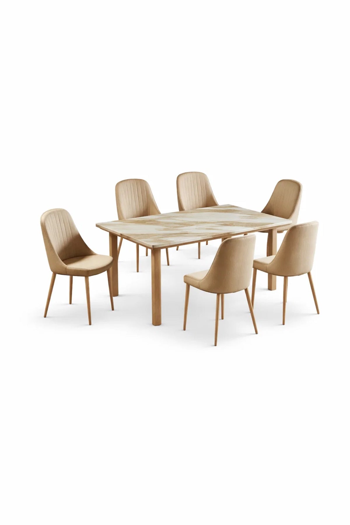 Elegant 7 Piece Dining Table Set Faux Marble Top 6 Beige Velvet Chairs Solid Wood Legs Modern