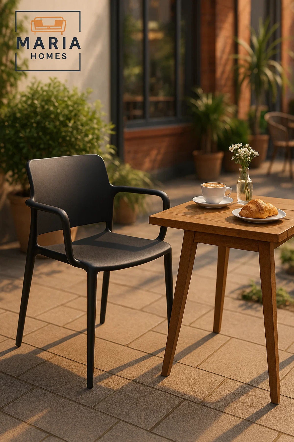 Black Plastic Armchair Ð Modern Stackable Outdoor & Indoor Chair with Open Lower Back